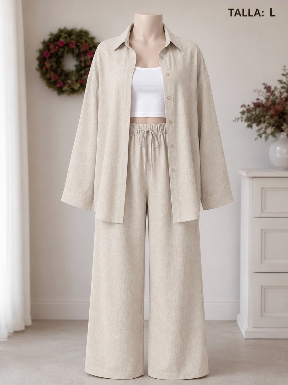 Relaxed Wide-Leg Drawstring Pants in Light Beige